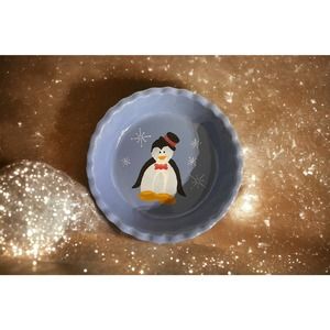 Penguin Christmas Holiday Winter Pie 9” Blue Stoneware Baking Dish